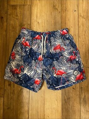 Ron Jon Surf Shop Men's Blue Tropical Flamingo Swim Trunks Size M 5”